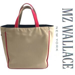 MZ Wallace Tan Canvas Tote Bag Red Suede Double Top Handles Trim 13X10